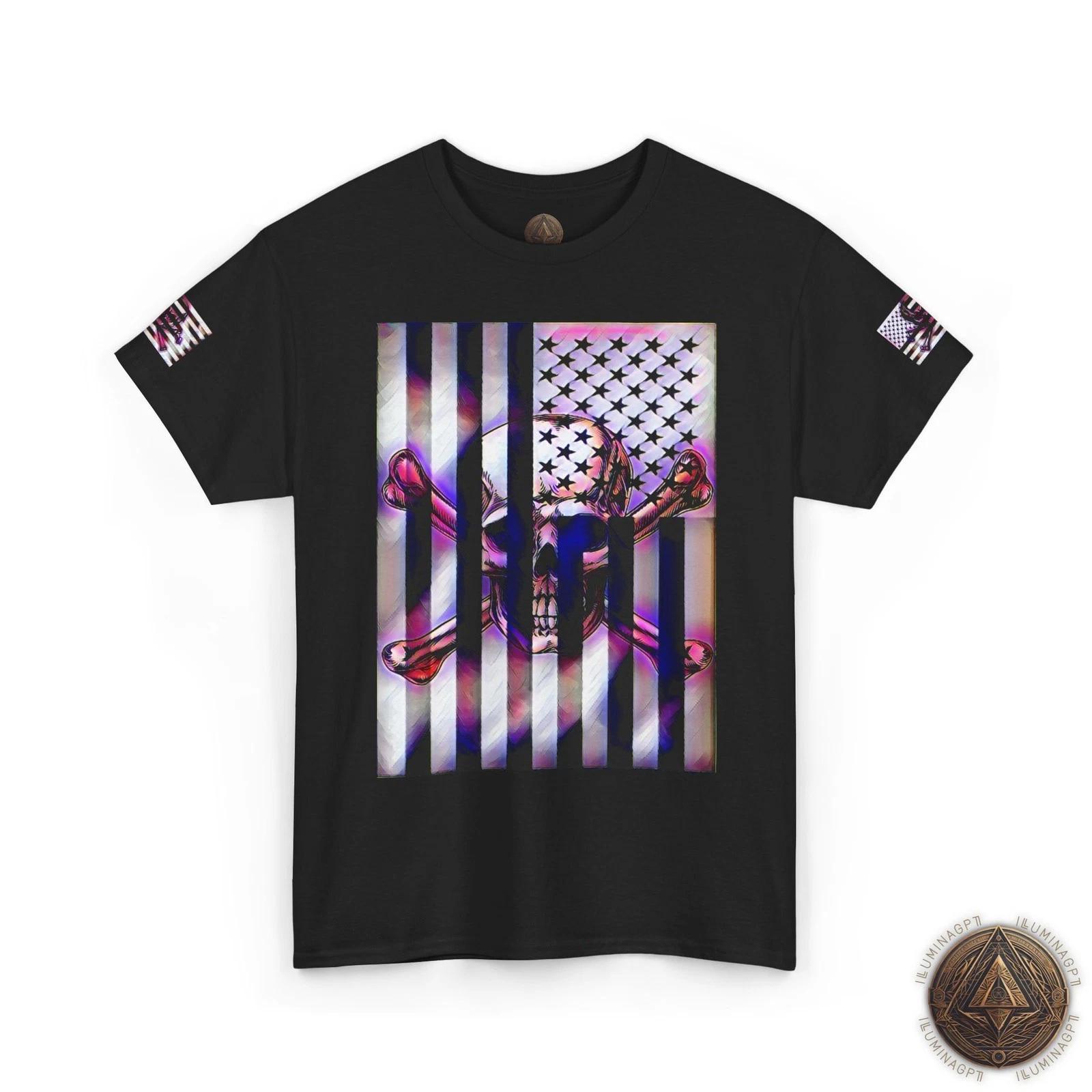 Patriotic Distressed USA Flag Skull & Crossbones T shirt - Amethyst 4XL