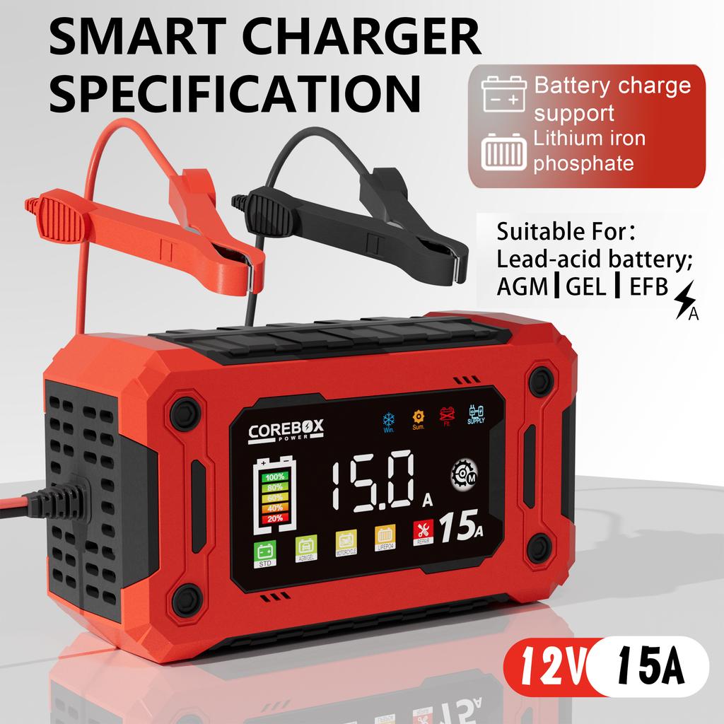 12V 15A 8A Car Motorcycles Smart Battery Charger For Lifepo4 Lead Acid AGM Digital Touch Screen Lithium iron Phosphate Charger