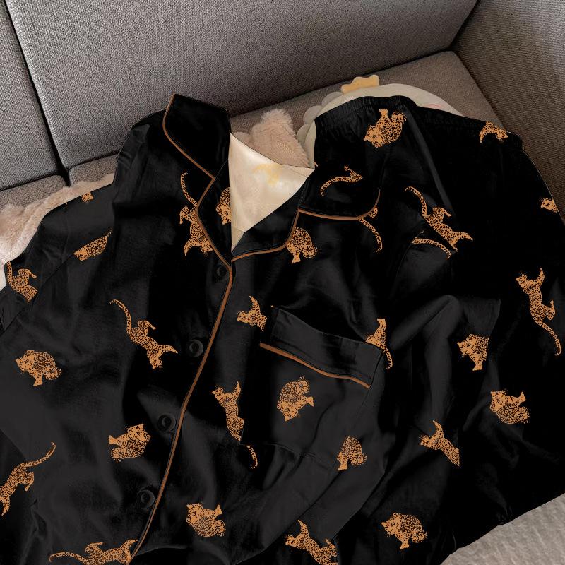 Black Leopard Imitation Cotton Pajamas Women'S Spring And Autumn Long-Sleeved Trousers High-End Wearable Loungewear Set