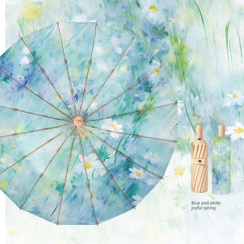 Very Beautiful Umbrella for Girls Good-looking Extra Large Thickened Reinforced Rain Or Shine Dual-Use Oil Painting Folding Ins Niche