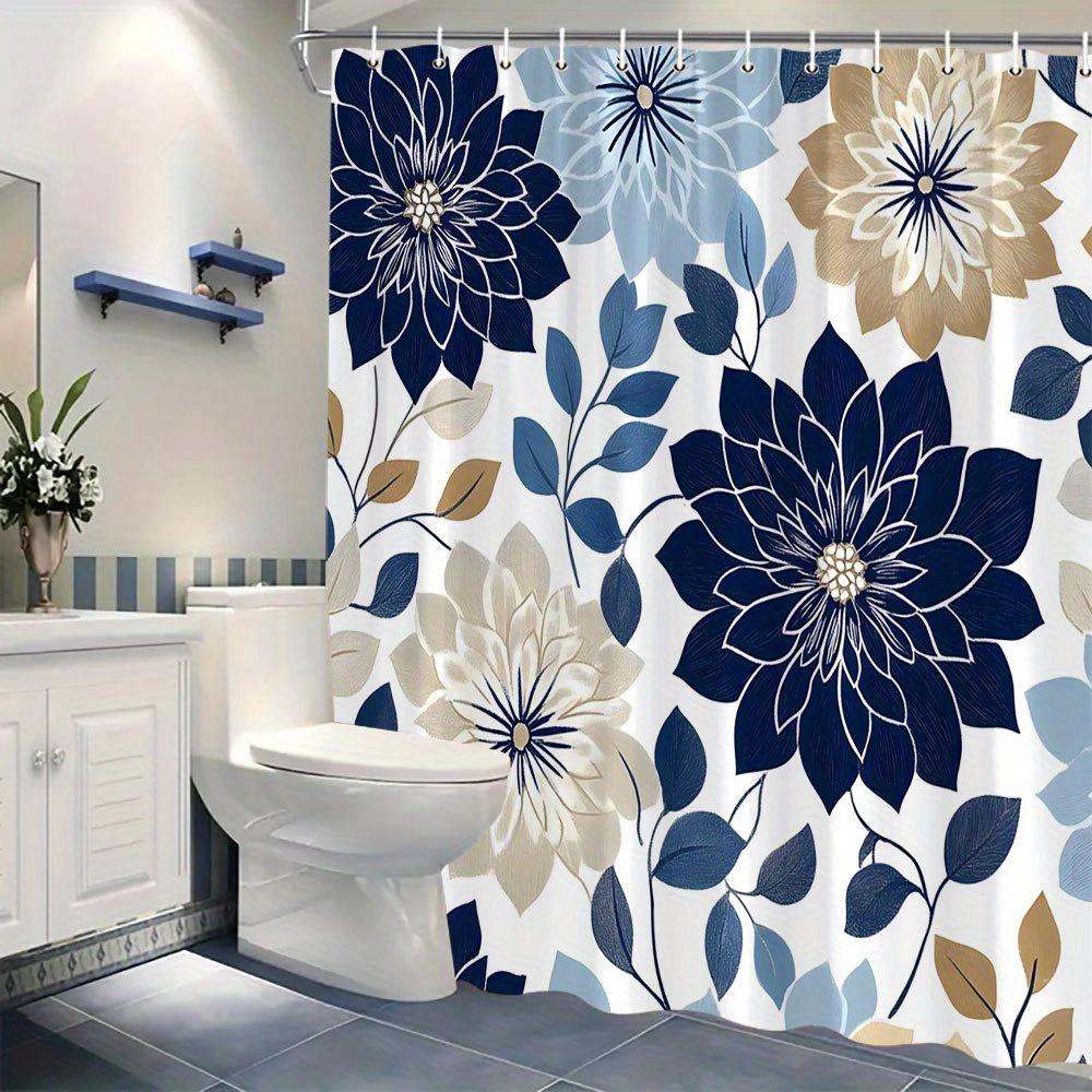 Elegant Navy Blue Floral Shower Curtain - Modern Symmetrical Design, 70x70