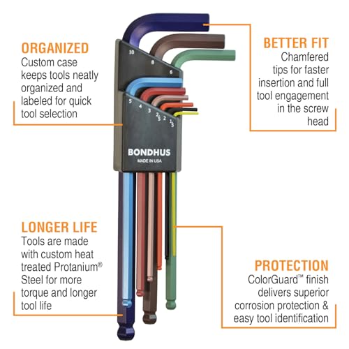 [Official Japanese Product] Made in the USA. BONDHUS Hex Ball Point L-Wrench Set, Color Guard Long, 9-Piece Set (1.5, 2, 2.5, 3, 4, 5, 6, 8, 10mm) wit