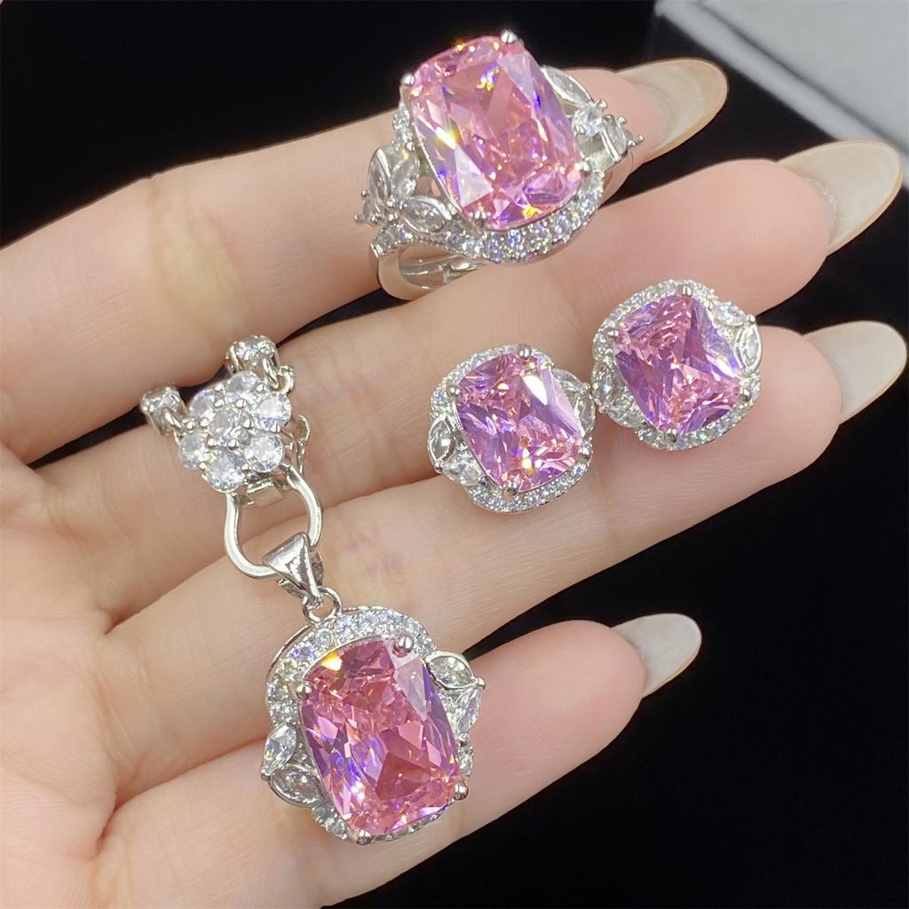 BELLA BOX Trendy Long Pillow Shaped Pink Zircon Jewelry Set Suitable For Women's Daily Party Fashion Jewelry