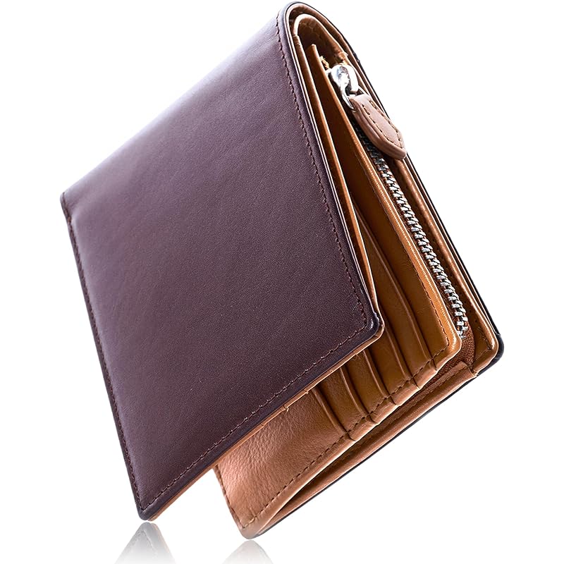 

[Eredita] wallet men s bifold large capacity Holds 20 cards genuine leather bifold wallet YKK zipper (dark brown)