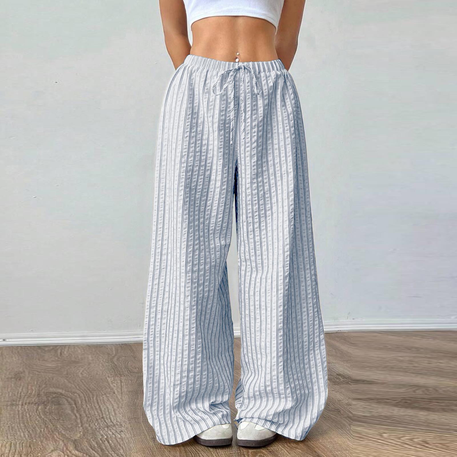 

Ladies Striped Contrasting Texture Pocket Waist Cinching Versatile Temperament Pleated Casual Pants XL белый