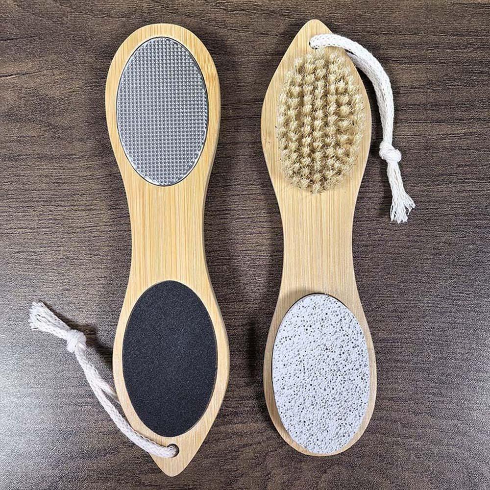 Handheld Wooden Handle Foot File Four in One Design with Hanging Hole Feet Callus Remover Wet and Dry Uses Comfortable Grip