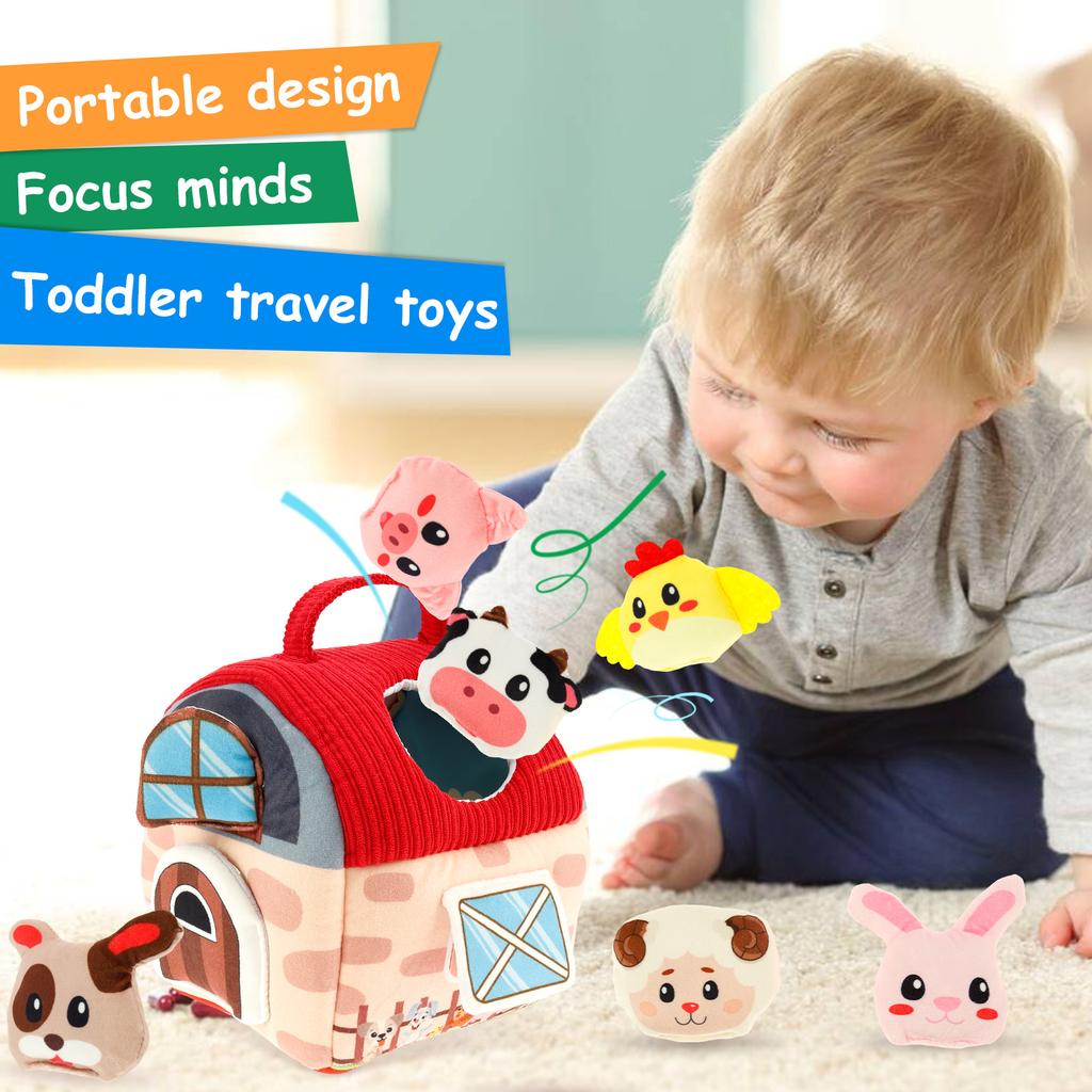Plush Farm Animal Playset Ith Stuffed Farm Animal Portable Soft Barn Toy with Built In Mirror for 0-12 Months Baby