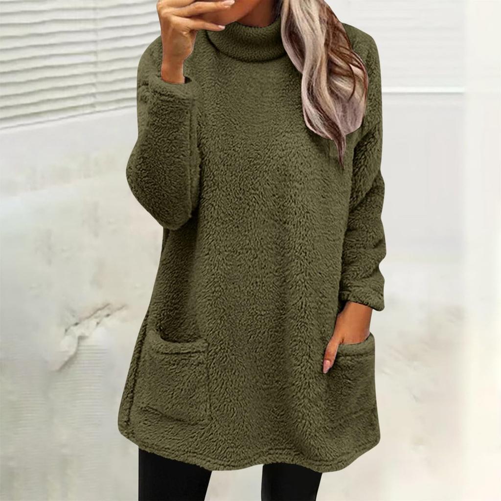 Bluzy damskie z golfem jesienno-zimowe ciepłe swetry plus size tuniki pulowery topy z kieszeniami
