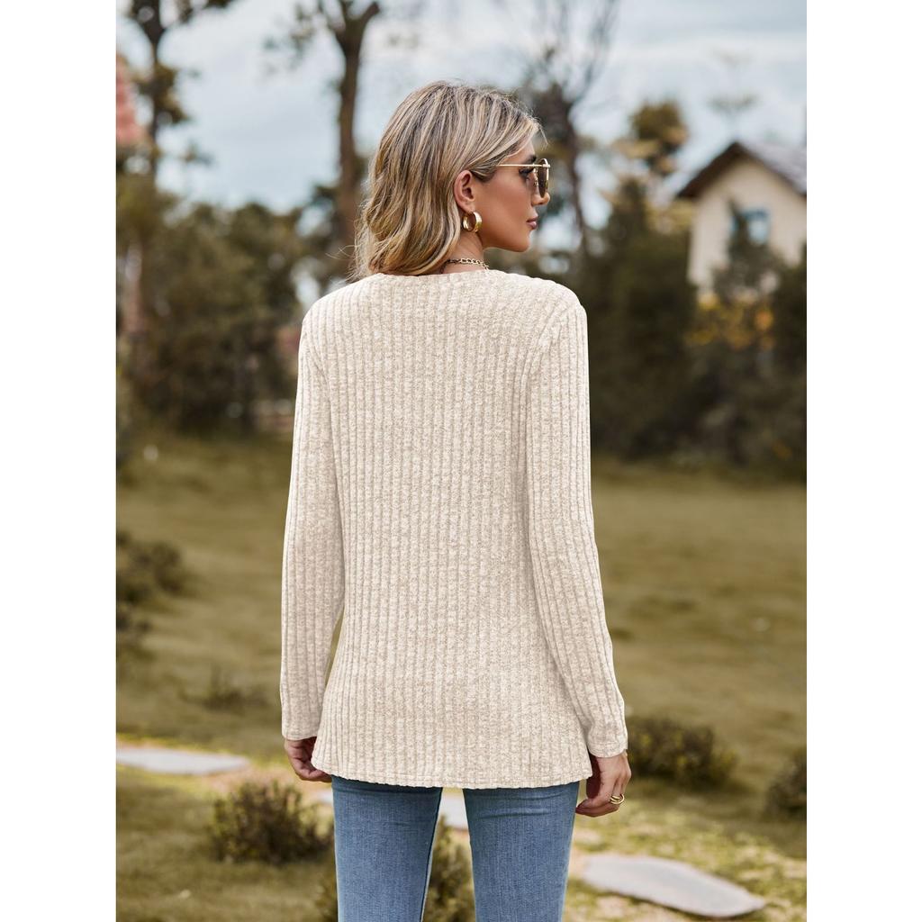 GMXIA Autumn Women's Round Neck Frosted Pit Strip Solid Color Top Long Sleeve T-shirt