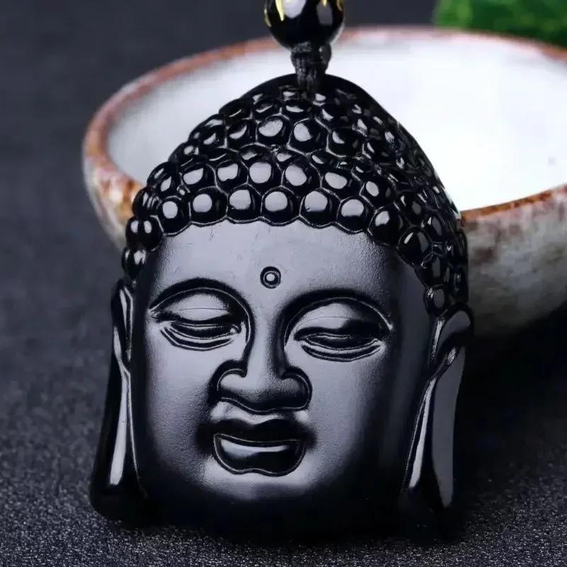 Obsidian Buddha Head Lucky Amulet Pendant Tathagata Buddha Blessing Necklace Religious Buddhist Jewelry Men and Women Gifts