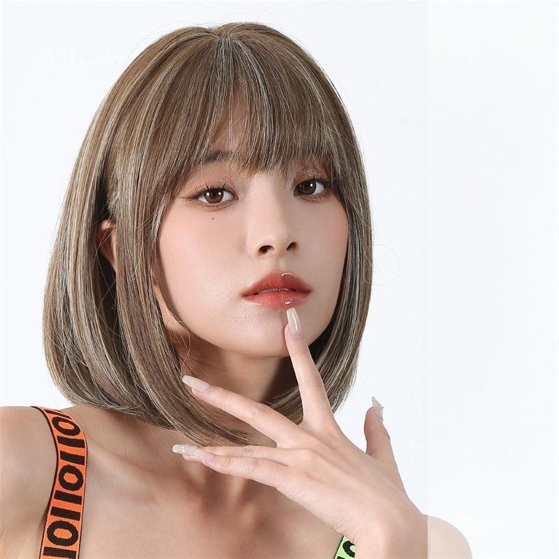 Synthetische Braune Gemischt Blonde Perücke für Frauen Natürliche Kurze Bob Perücke mit Seitenscheitel Natürlicher Haarschnitt Täglich Mutter Cosplay Halloween