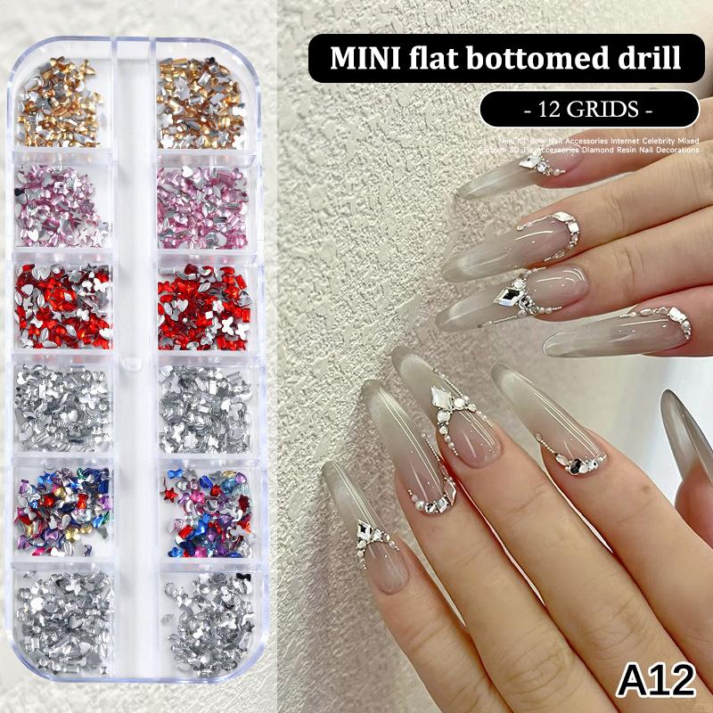 12 Grids/Box Nail Art Multi Shape Flat Back   Dazzling Diamonds Strass Manicure Tip 3D Decoration