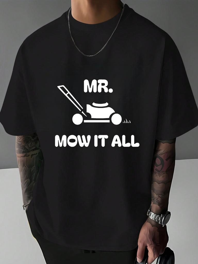 Unisexs Mr Mow It All Lawn Mower Graphic T Shirt Funny Gardener Letter Print Short Sleeve Crew Neck Casual Cotton Male Daily Tee