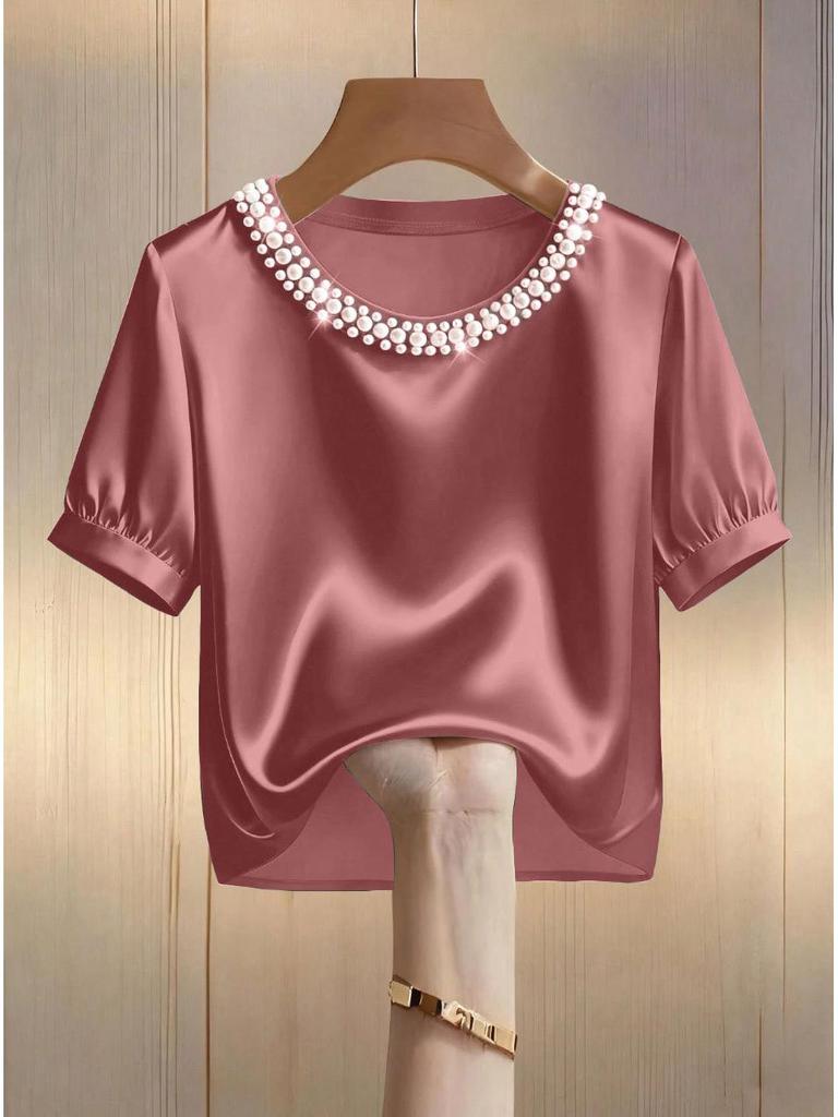 Women's Stylish Pearl Collar Satin T-Shirt: Short-Sleeve, Round Neck, Summer Fashion.
