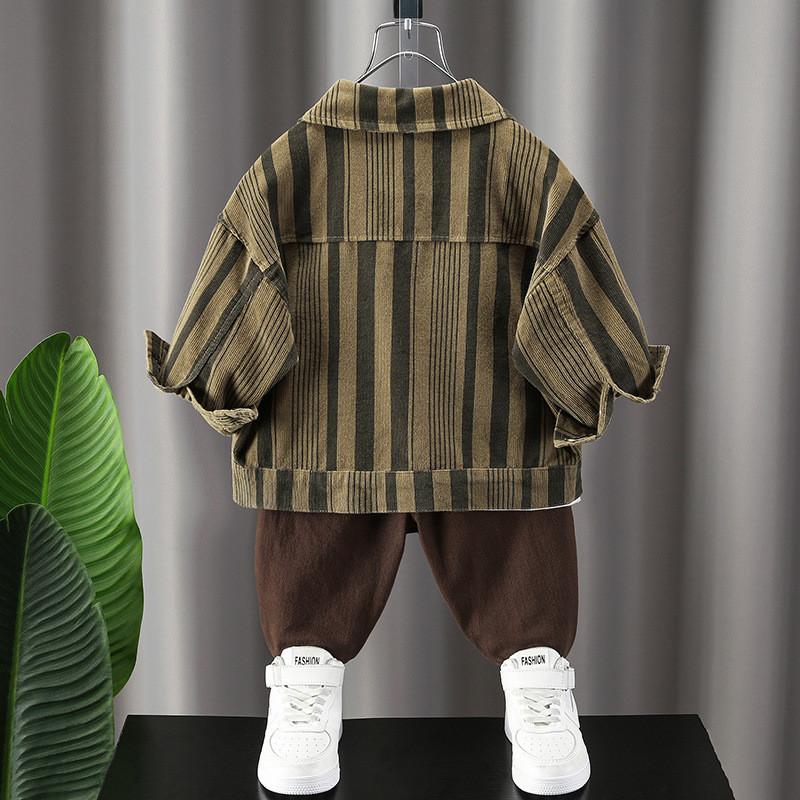 Stylish Cotton Two Piece Set For Boys Elegant Casual Striped Long Sleeve Shirt And Pants For Ages 3 To 8 In Khaki Color