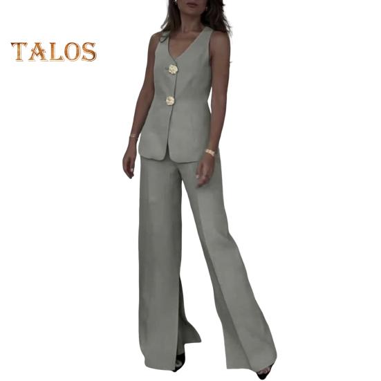 

Женский комбинезон с v-образным вырезом, топ без рукавов, широкие брюки с разделенными концами, городской повседневный стиль, комплект из двух предметов, пригородный наряд для рабочих вечеринок, отдыха M серый