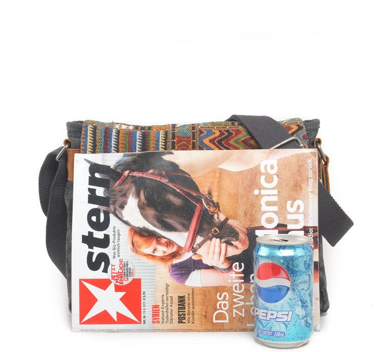 Ethnic Patchwork Canvas Shoulder Bag with Cowhide Buckle and Retro Webbing Design