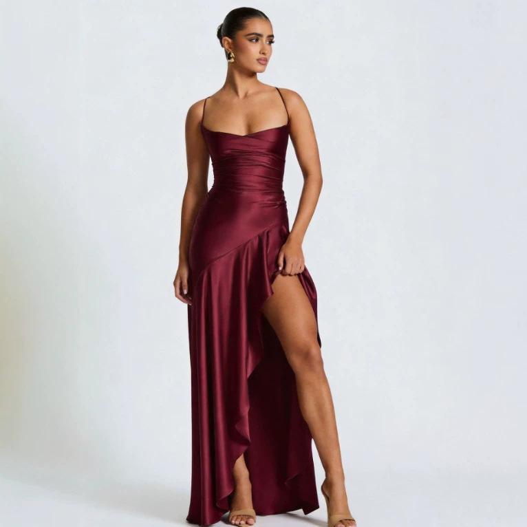 2026 new European and American red satin suspender dress sexy halter strap high split fork long dress