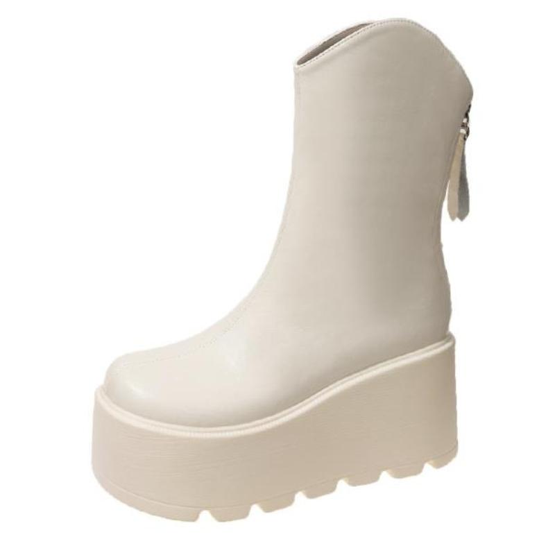 

Нові 9 см масивні ботильйони на платформі з ПУ шкіри 2025 Жіночі з задньою блискавкою на товстому каблуці Короткі чоботи Жіночі Чорні Панк-чоботи Жіночі 37 бежевий