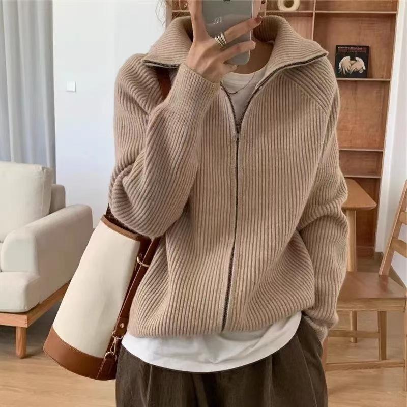 WTEMPO Women's Knit Zip Up Jacket Fall Winter High Collar Full Zip Sweater Cardigan, Long Sleeve Relaxed Fit Thick Knit Coat