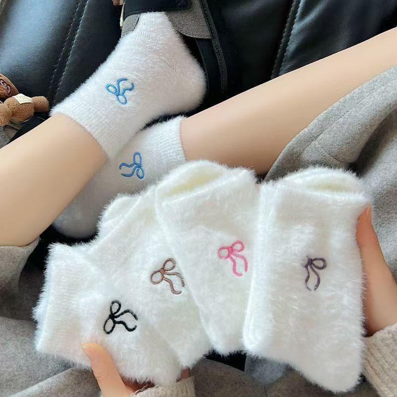 Cozy Plush Bow Mid-Calf Socks - Thickened Winter Warmth White Mink Plush Bow Mid-Calf розовый