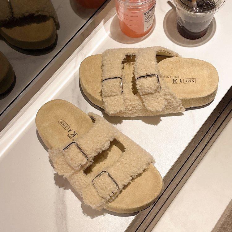 Fashion Women's Outdoor Plush Shoes Autumn New Buckle Strap Non Slip Casual Flats Comfortable Height Increase Fashion One Word Slippers