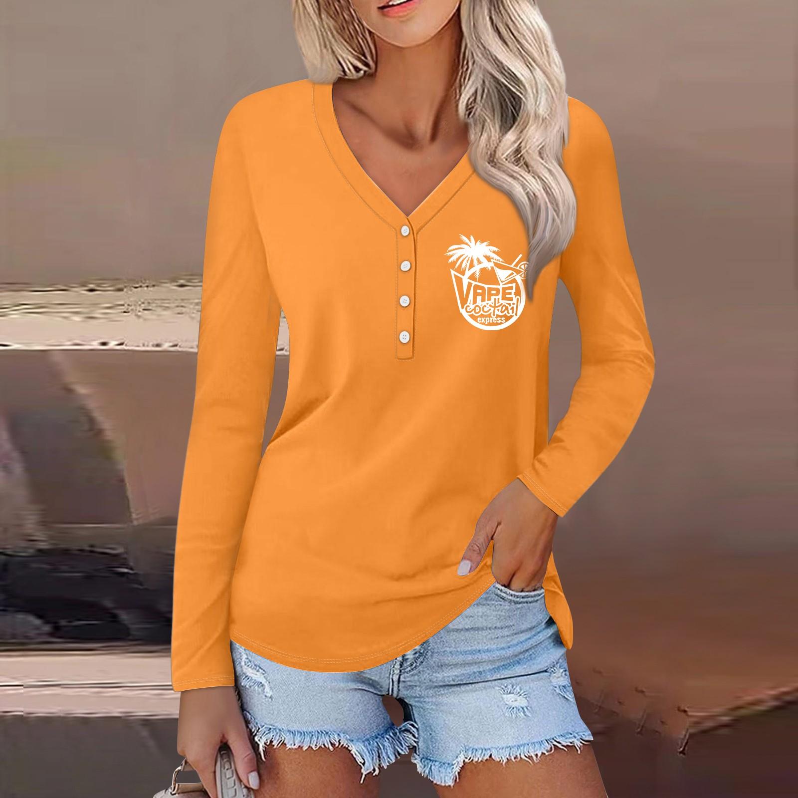 

Женская повседневная мода сексуальный удобный пляжный стиль повседневный принт V-образный вырез пуговицы длинный рукав XXL шафрановый