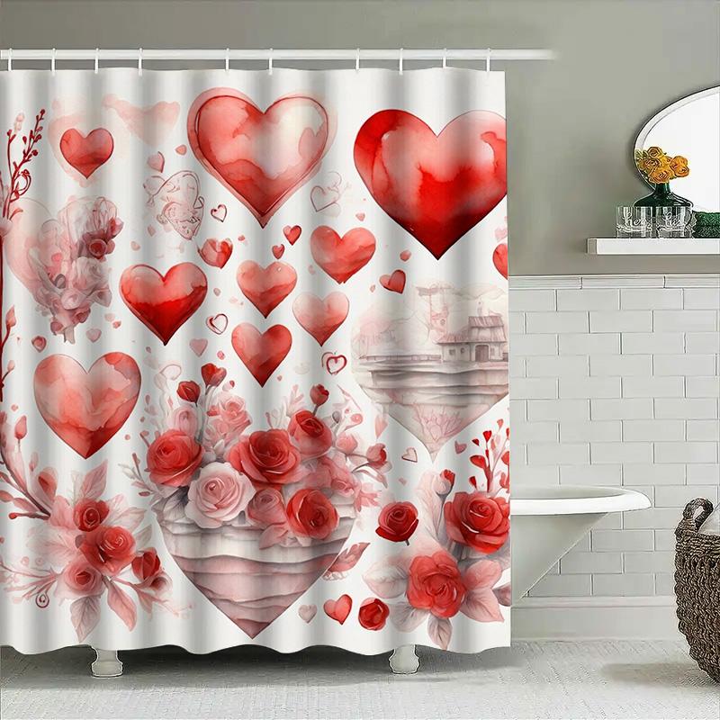 Watercolor Hearts And Roses Shower Curtain For Bathroom Decoration