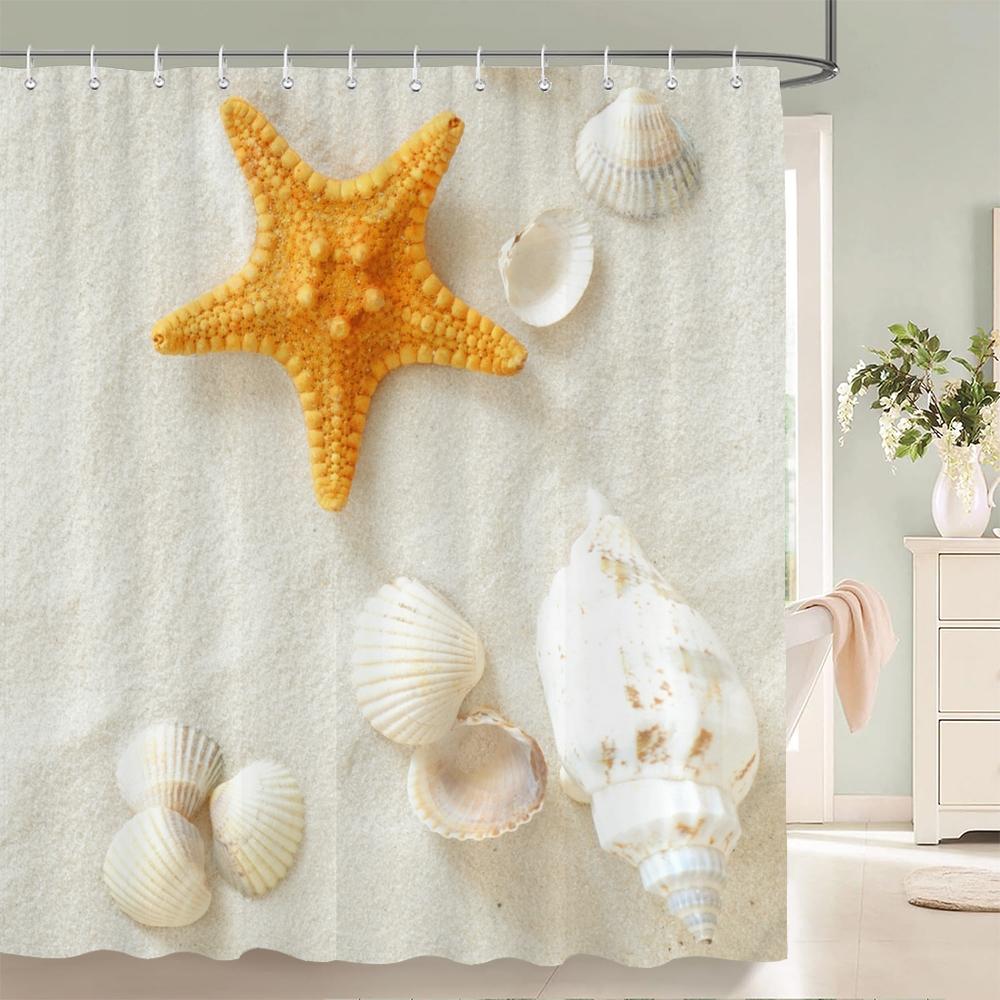 High Quality Sunny Beach Printed Fabric Shower Curtains Sea Scenery Bath Screen Waterproof Products Bathroom Decor with 12 Hooks