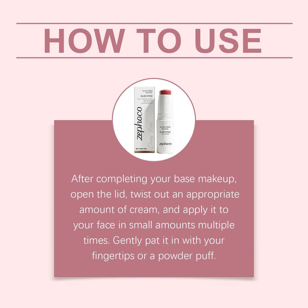 Zephoco Soft Matte Long-Lasting Blush Stick in Dusty Rose: Gentle, Moisturizing, Lightweight, Adheres Well.