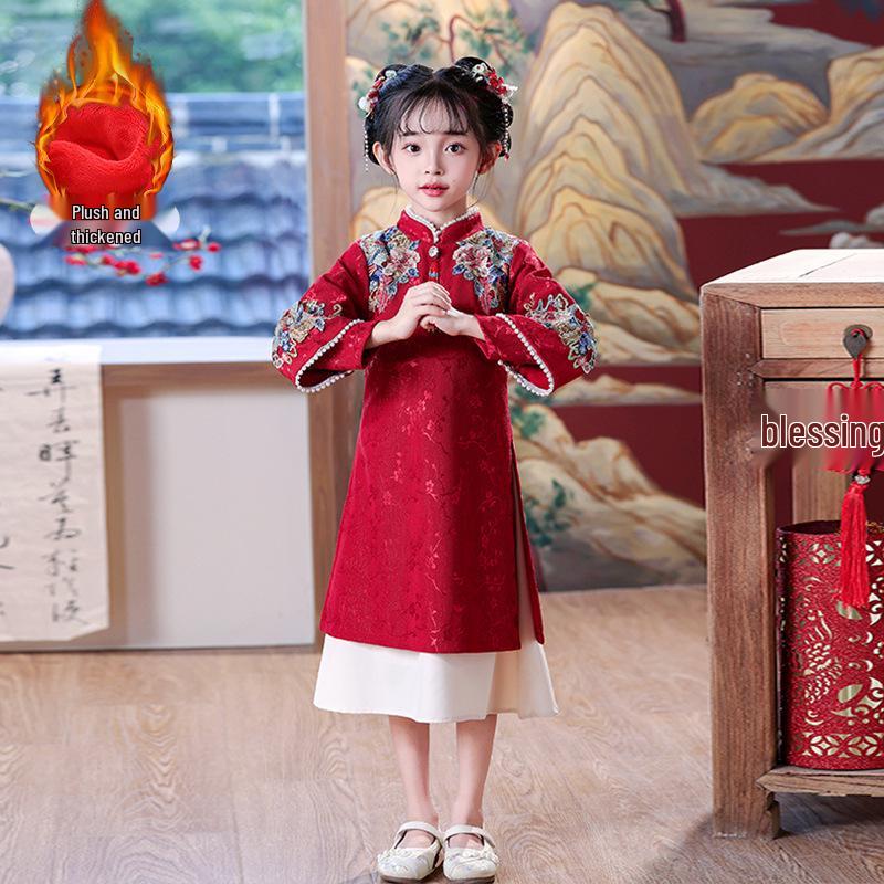 Girls' New Year Long-Sleeve Qipao: Children's Chinese-Style Autumn/Winter Dress 2026
