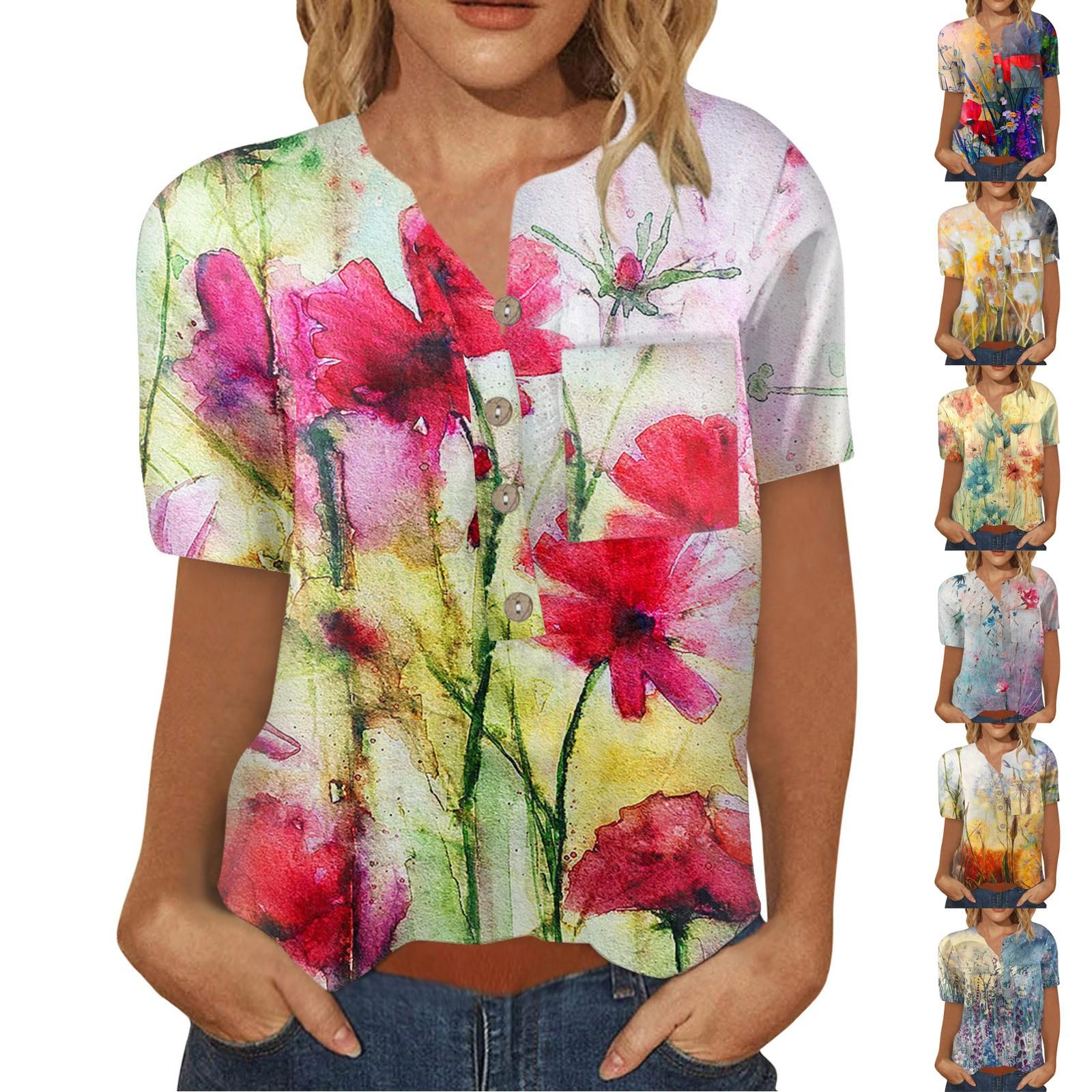 

Женская однобортная рубашка с короткими рукавами в стиле ретро с цветочным принтом и футболкой с карманами Верх