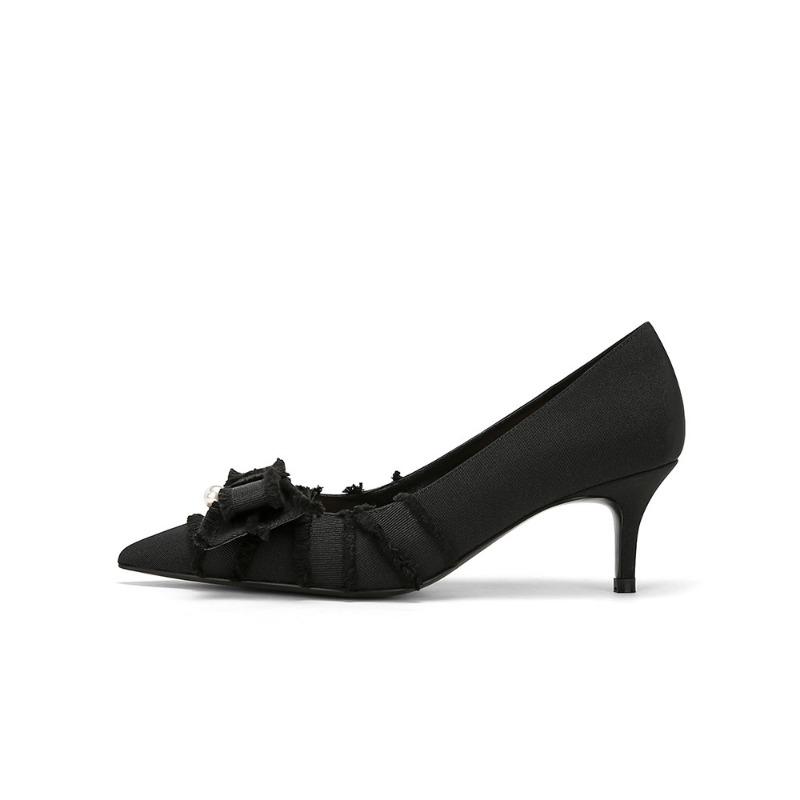 Carver Daughter Pointed Bow Pearl Flat Commuter Shoes Women's High Heels Wedding Shoes