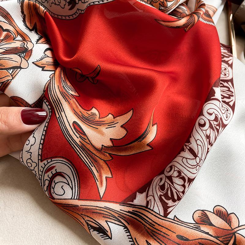 Retro Printed Flowers Spring and Summer Long Silk Scarf with Lady's Temperament Versatile Travel Photography Sun Protection Scarf Neck Protection