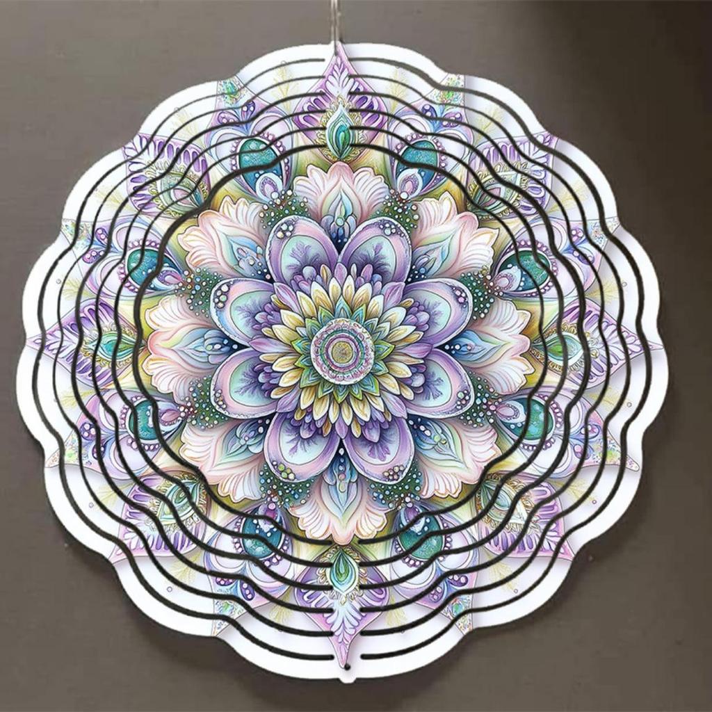 10 Inch Hanging Spinning Wind Chime with Dreamy Mandala Pattern 360 Degree Hook Art Decor for Garden Lawn Courtyard Summer Spring Elegant Gift