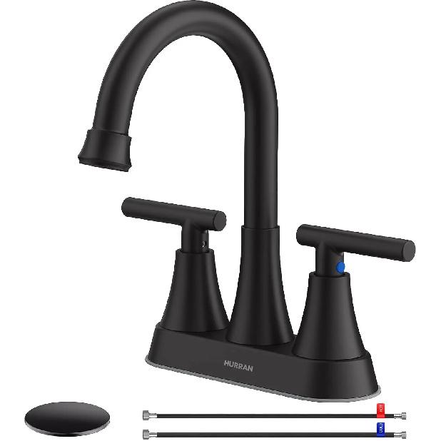 3 Hole Matte Black Bathroom Faucet with Pop-up Drain, 4 Inch Centerset, Stainless Steel Lead-Free for Sink Vanity