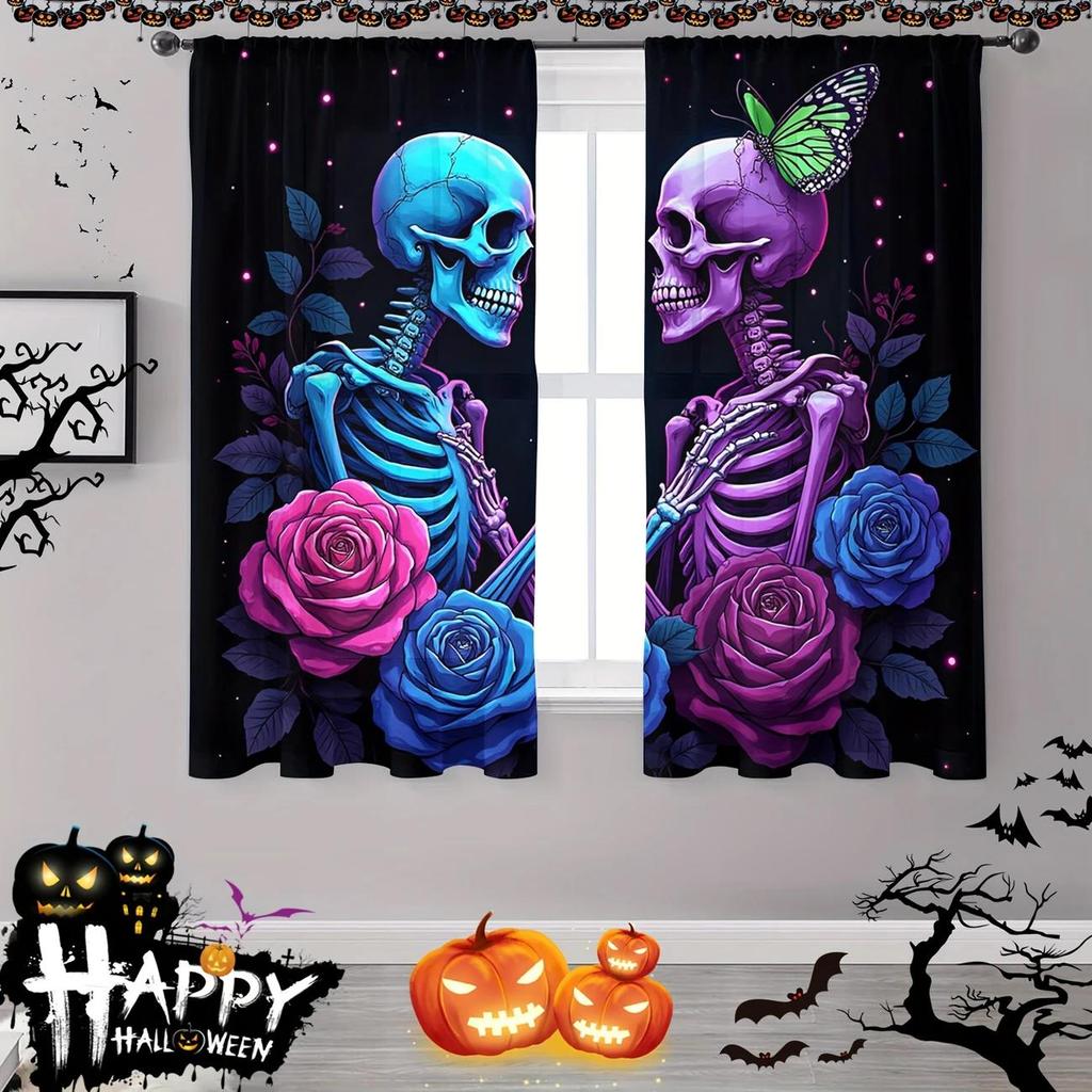 2 ST- Halloween Gotiska skelett Ros tryckta gardiner, stångficka heminredning, rumsdekorationer