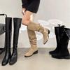 New Vintage Women'S High Heel Slim Boots Long Denim Boots Middle Heel Stackable Western Style Rubber Material Fall Winter