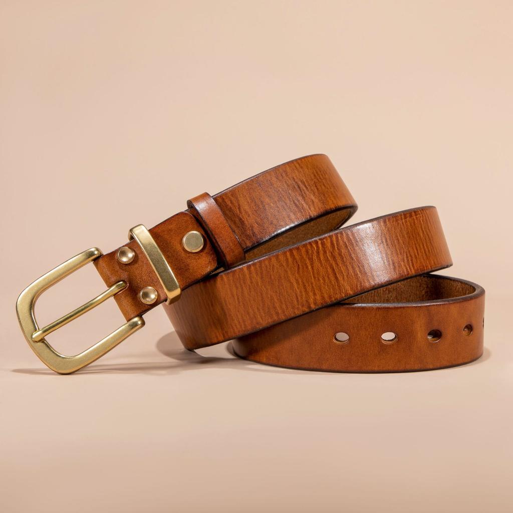 First Layer Cowhide Belt, Simple Copper Pin Buckle Men's Decorative Versatile Leather Belt