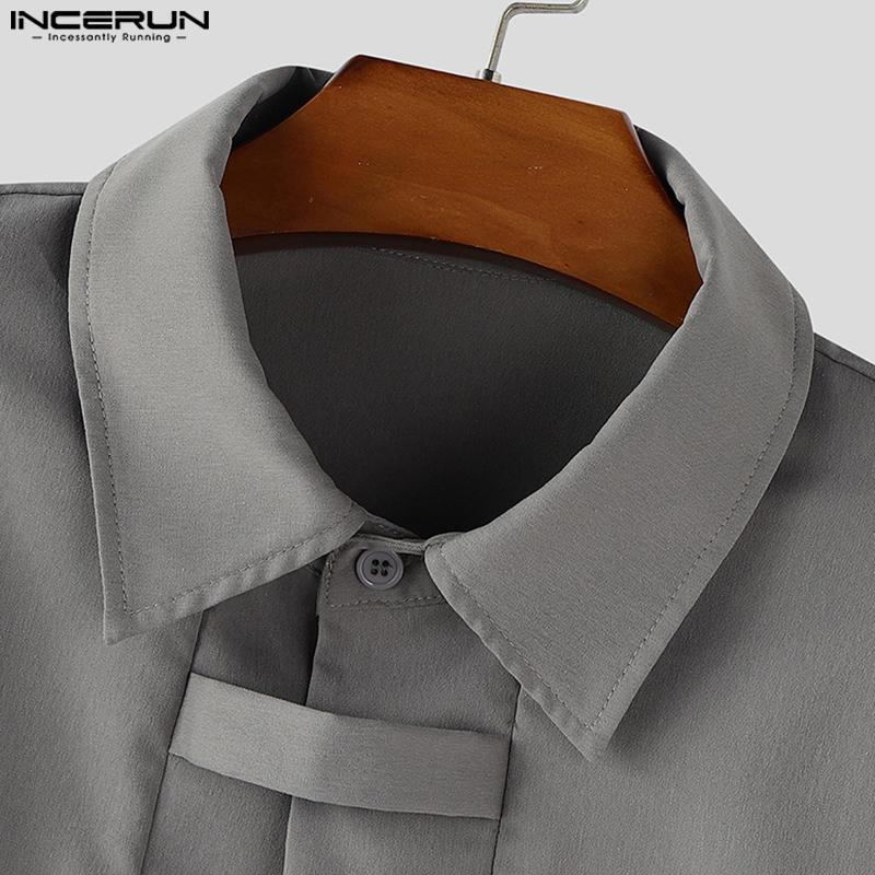 INCERUN Oversized Men Lapel Neck Short Sleeve Buttons Solid Casual Loose Shirts