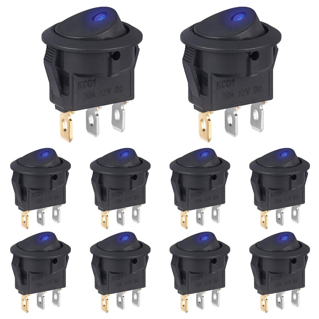 10pcs Rocker Switch 12V 20A DC Blue Led Light Circle Rocker Switches On Off 3 Pin Small Round Square Toggle Switch for Car Boat