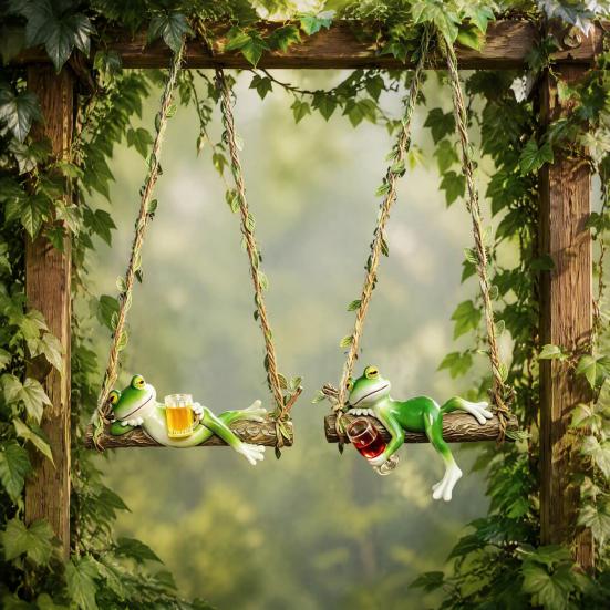 Weatherproof Patio Yard Decoration 2Pcs Swing Frog Garden Statue with Hemp Rope, Hanging Ornament Beer/Wine Outdoor for Tree Decor, Weather Resistant
