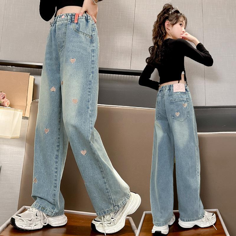 Spring and Autumn Girls Versatile Love Metal Buckle Wide Leg Pants Pocket Jeans Elastic Waist Pants