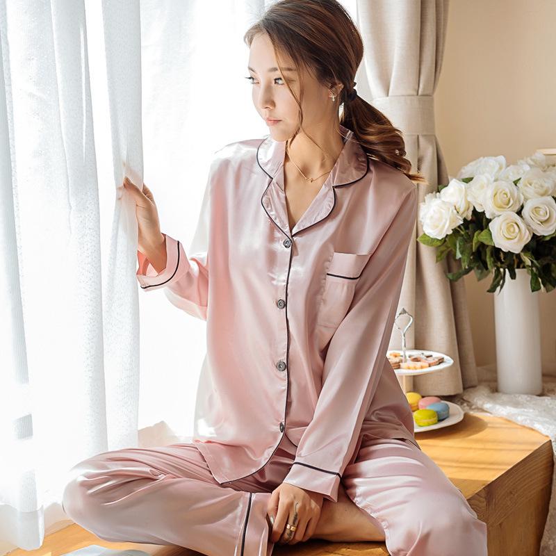 Spring Summer Women's Silk Long-sleeved Casual Sleepwear Suit Plus Size Nightwear Pijama Homewear