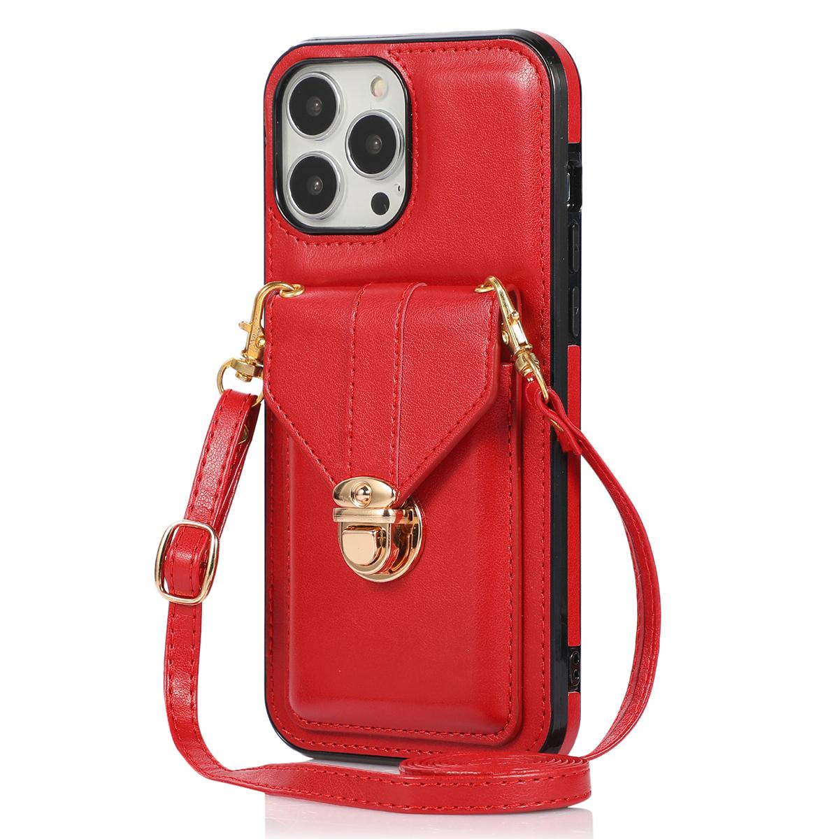 

For iPhone 16 Pro Case Card Holder Kickstand PU Leather+TPU Phone Cover with Shoulder Strap Red