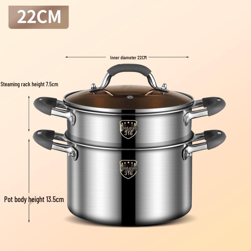 Extra-High 316L Stainless Steel Steamer Pot, Rivet-Free, Anti-Scald, Large Capacity for Porridge/Soup