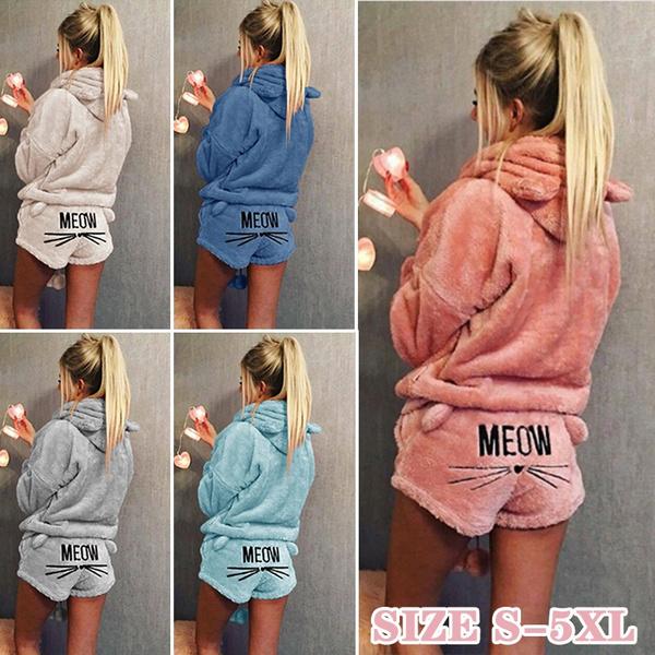 Dámská móda Jednobarevná teplá zimní pyžamová souprava Dvoudílné roztomilé kočičí pyžamo s kapucí Noční oblečení plus size S-5XL