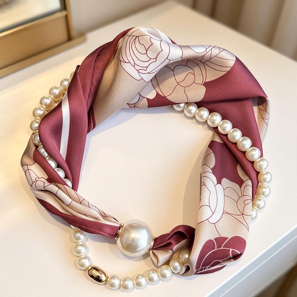Premium magnetic buckle pearl silk scarf necklace retro flower small scarf Internet celebrities free small scarf