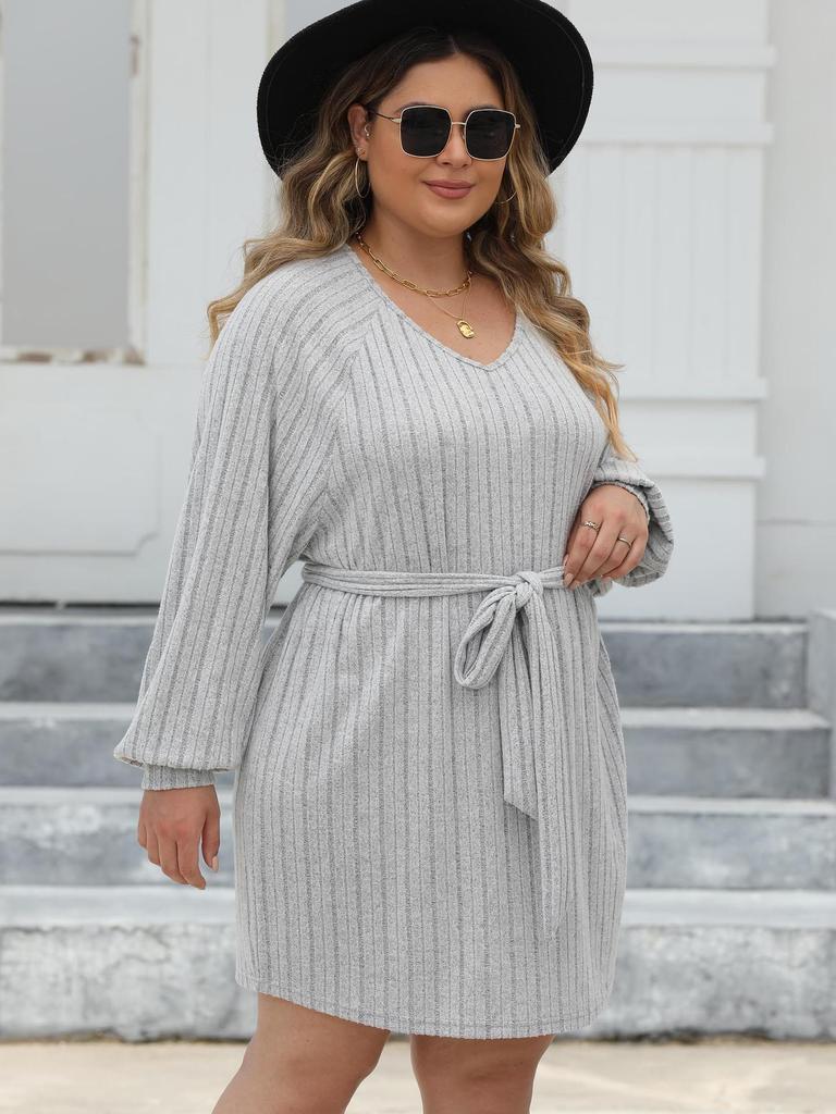 2025 Women's Plus Size Ribbed V-neck Strappy Knit Dress - Casual and Stylish