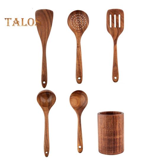 

5/6 шт. Набор деревянных кухонных принадлежностей с антипригарным покрытием, кухонные принадлежности с держателем, удобная ручка, набор лопаток, прочный деревянный эргономичный дизайн, кухонные инструменты для легкого 6pcs